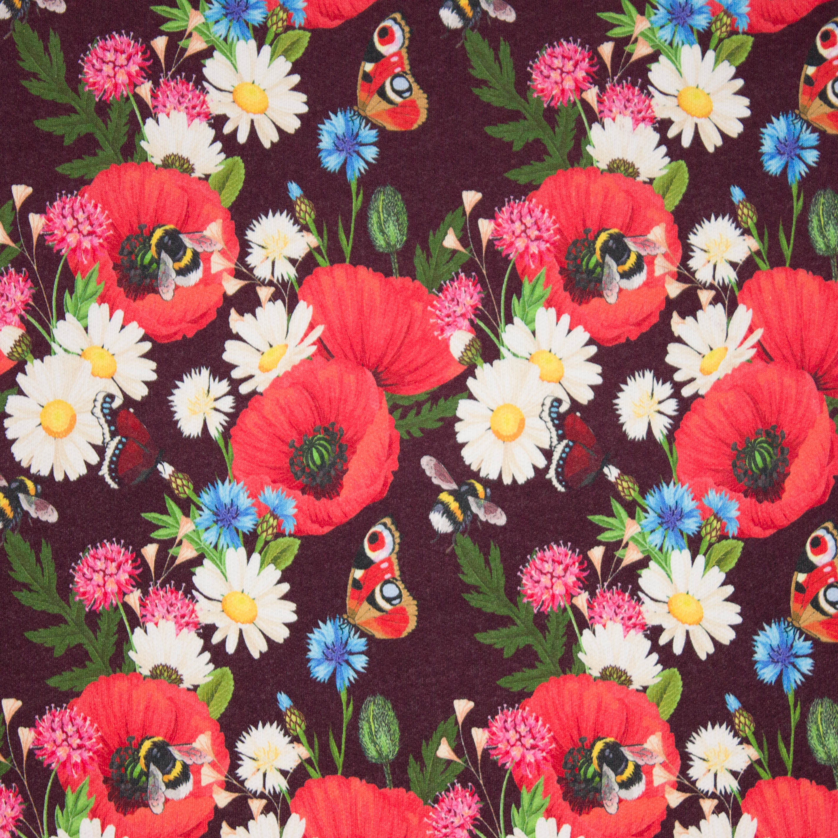 Donkerbruine sweaterstof met bloemenmotief